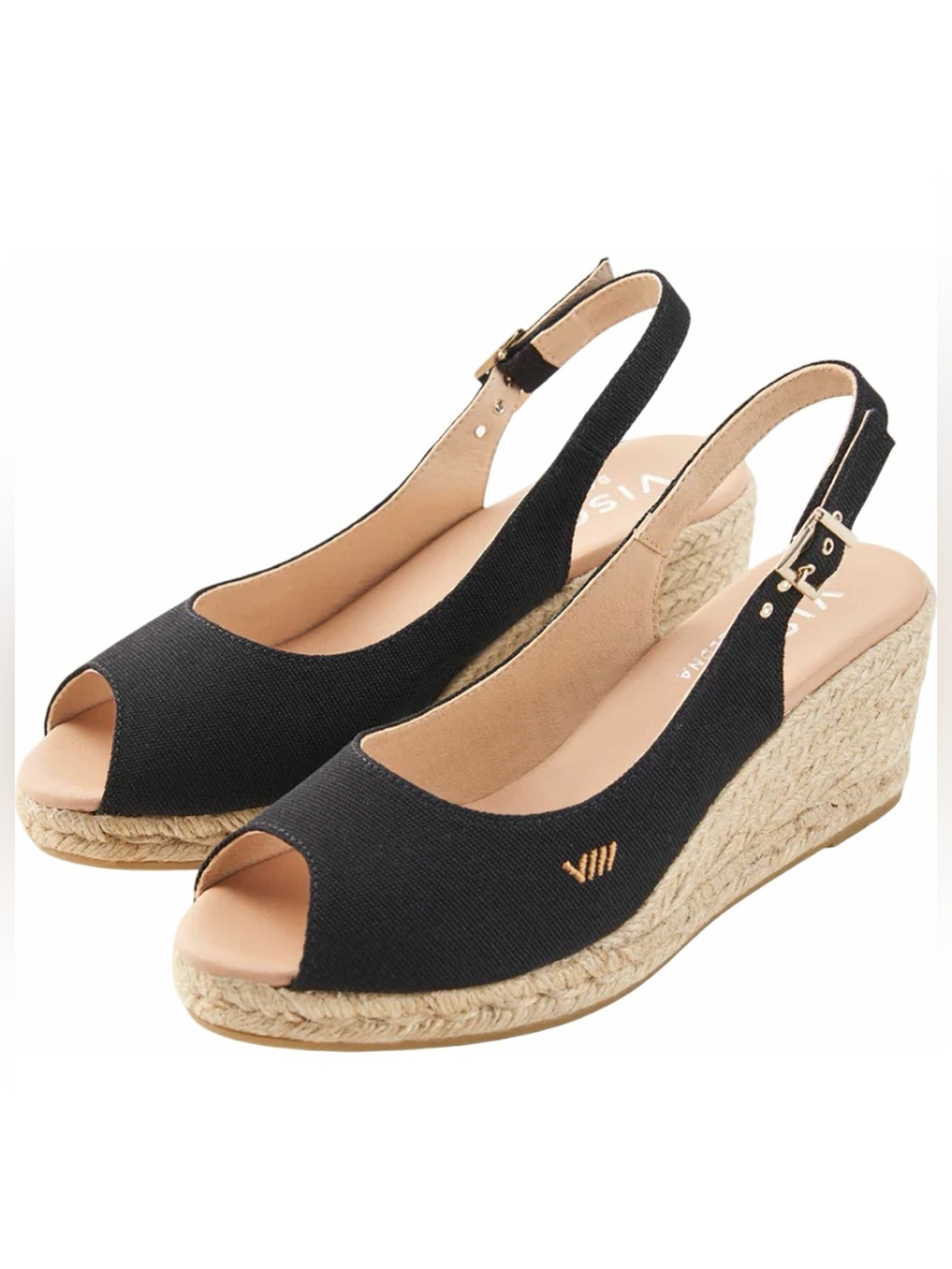 Viscata Gavina Black Canvas Espadrille Wedge Sandals Slingback Spain Size 7 / 38